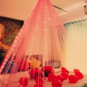 Hemito 6 Pc Tent Romantic Decoration Set Pink Back Drop White Curtains Led Light Self Adersive Tape With Ribbon