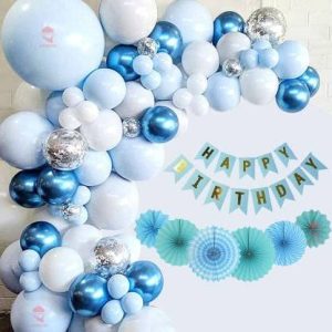 Hemito 73 Pc Happy Birthday Decoration Kit – Blue White Balloons with Birthday Banner
