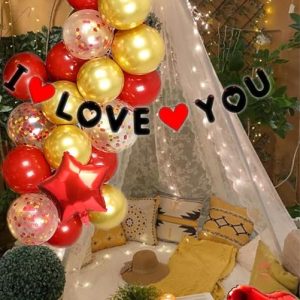 Hemito Red I Love You Decoration Kit 52 Pcs Heart Foil Balloon Red -Gold Metallic Balloon White Backdrop Curtain LED Light
