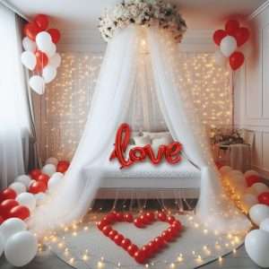 Hemito 37 Pc Valentine Decoration Kit- Balloons, love Foil, White Net Curtain Cloth with led light