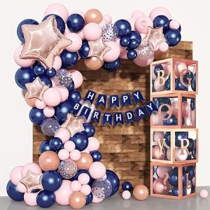 Hemito 61 Pcs Rose Gold Blue Pink Balloons birthday decoration kit combo, Light Pink White Balloons Confetti Latex Metallic birthday balloons for decoration