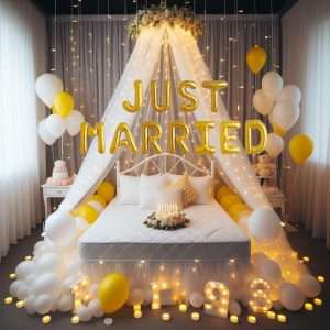 Hemito 38 Pc Just Married Decoration Kit – Yellow White Balloons Just Married Foil, Backdrop with Tying Tool for Newly Married