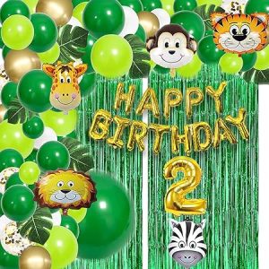 Hemito 82 Pc Jungle Theme – Green Gold Chrome White Balloon,Birthday Foil,5 Pc Animal Set,Foil Curtain No 2 with Foil Balloons