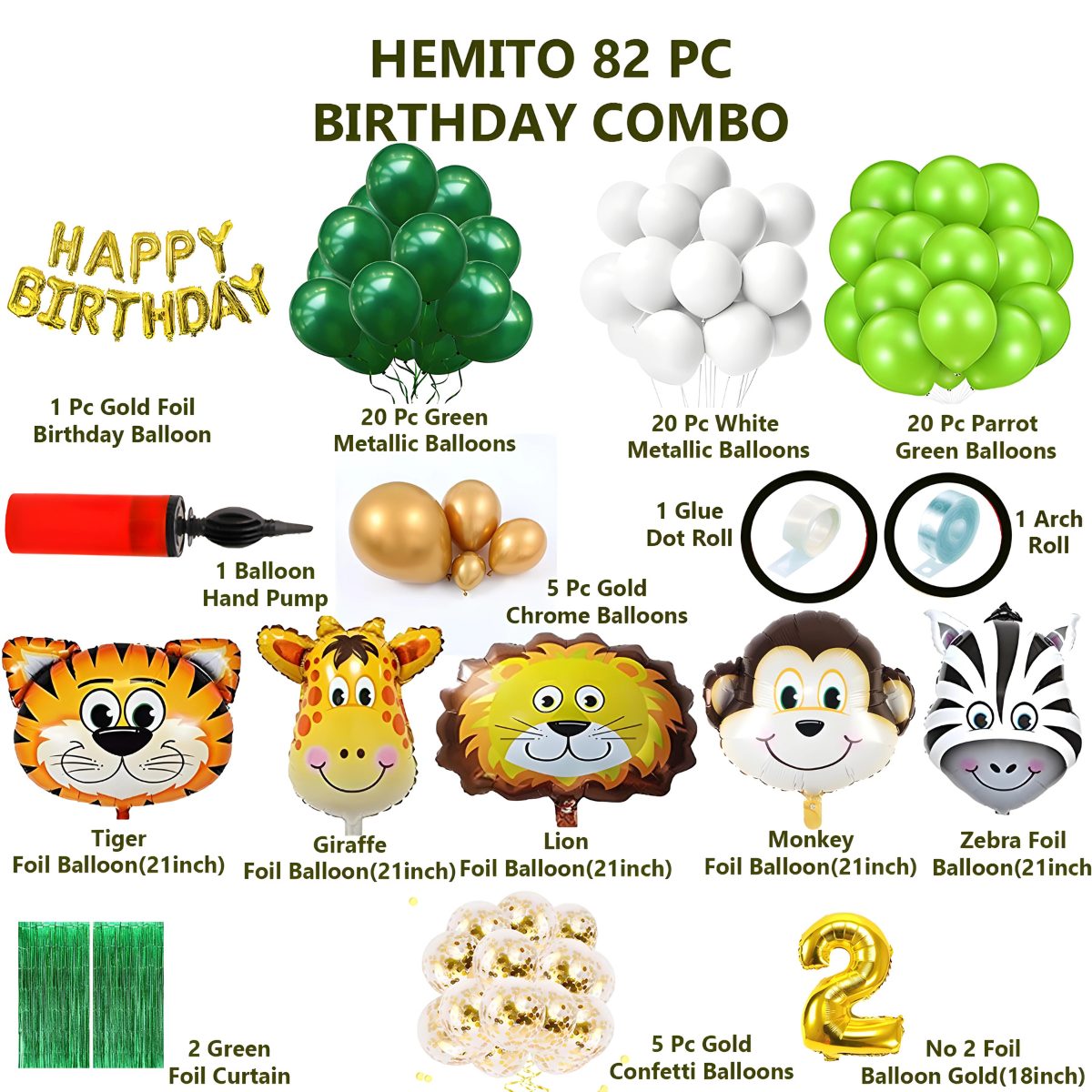 Hemito 82 Pc Jungle Theme – Green Gold Chrome White Balloon,Birthday Foil,5 Pc Animal Set,Foil Curtain No 2 with Foil Balloons - Image 2
