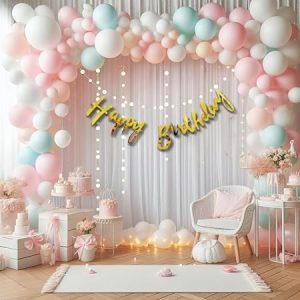 Hemito 50 Pc birthday decoration items for girls – Pastel Balloons Birthday Banner, LED Light Back Drop Curtains for Girls Kids|Party backdrop decoration
