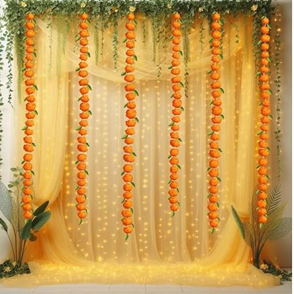 Hemito 14 Pc Haldi Ceremony Decoration Items – Yellow backdrop LED lights combo with Green Vines and Marigold Flower Artificial
